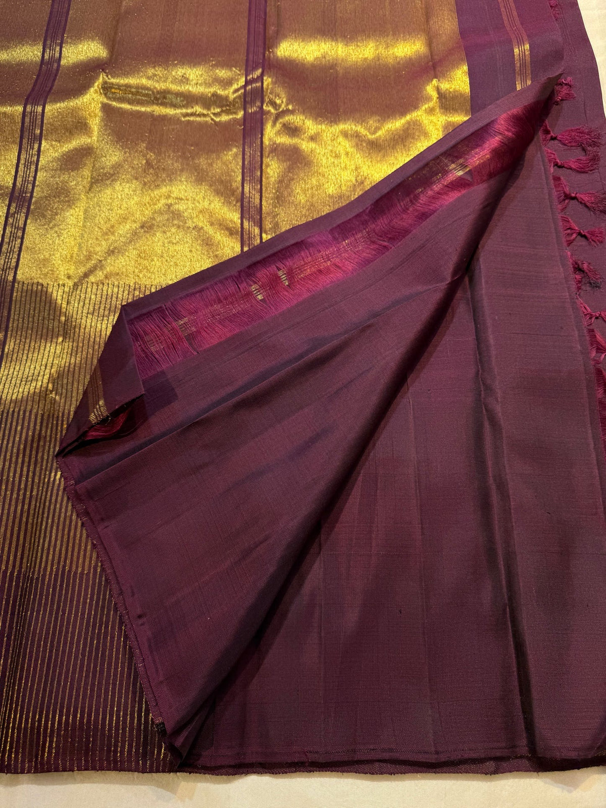 Muted Plum Kanjivaram pure silk saree draped view