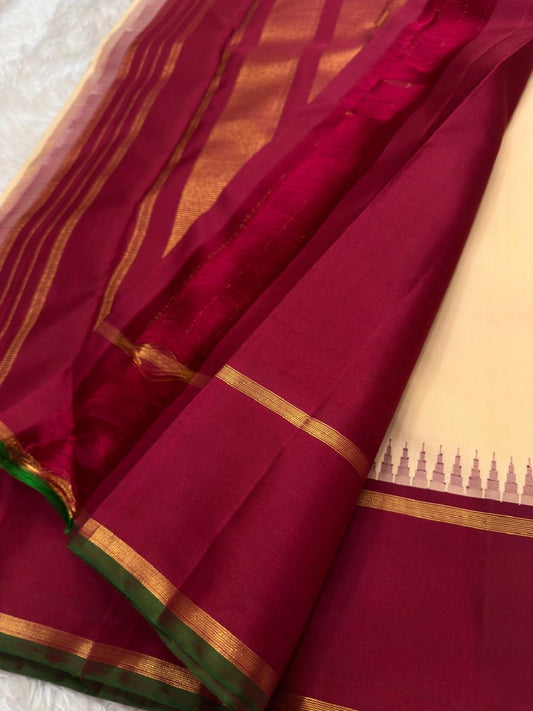 Natural Wheat and Deep Red Handwoven Pure Silk Kanjivaram Saree with Korvai Pillayar Reku Border