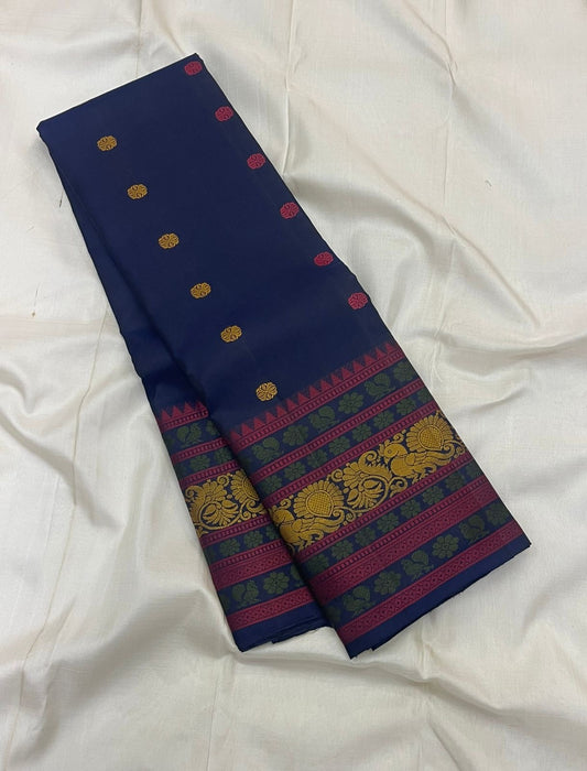 Multi-colour pattupet border with crimson teal and gold zari on navy blue Kanchipuram silk saree — Idam Living