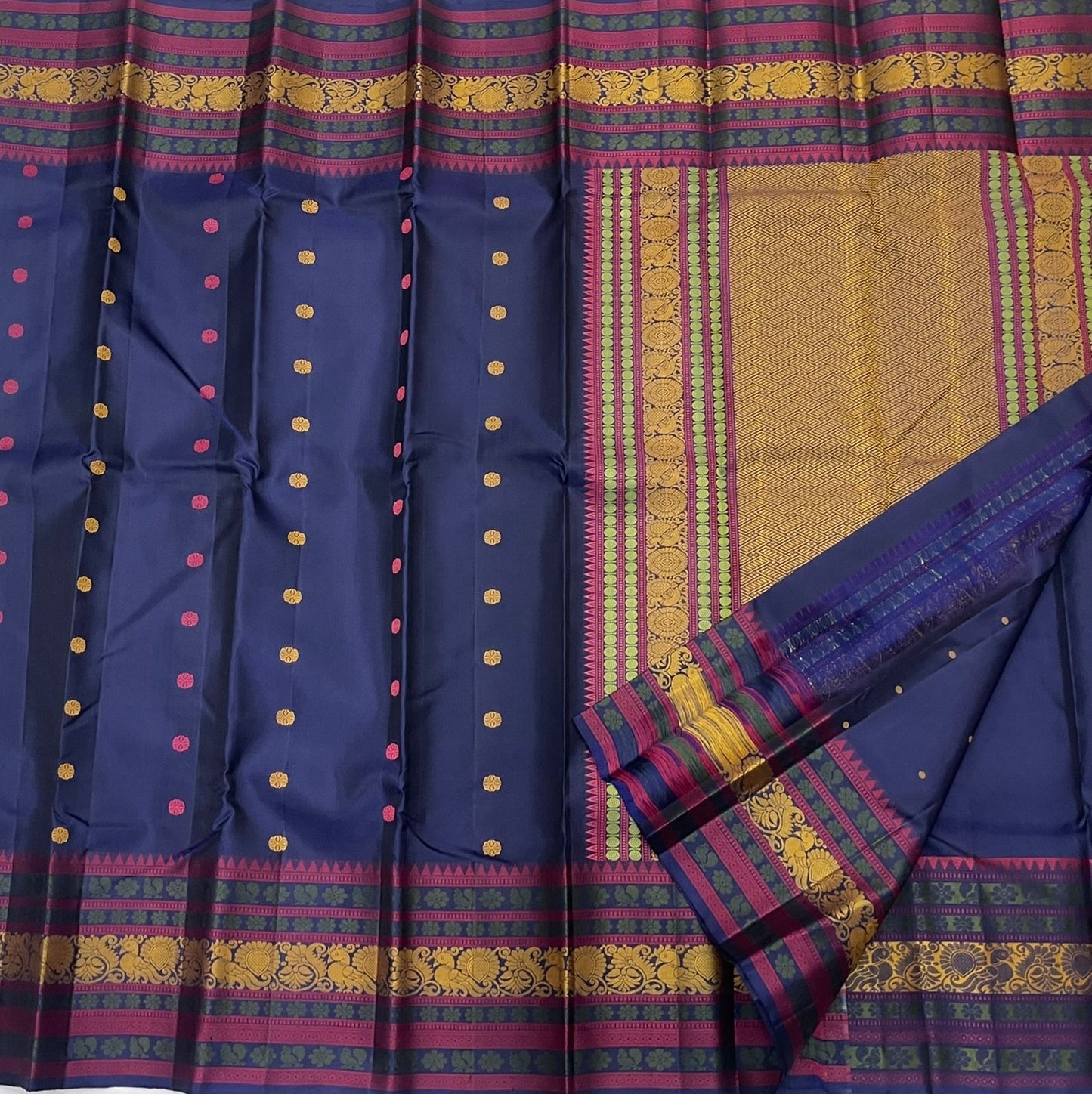 Crimson and teal pattupet border in gold zari on navy blue pure silk Kanchipuram saree — Idam Living