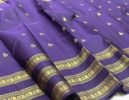 Navy Blue Handwoven Pure Silk Kanchipuram Saree with paisley Motif Varisaipet Border