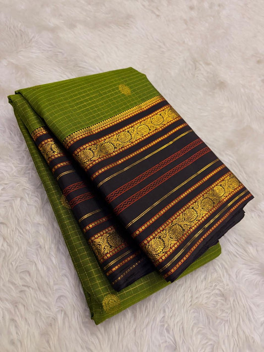Olive green black Kanchipuram silk saree with Varisaipet weave and gold peacock border — Idam Living