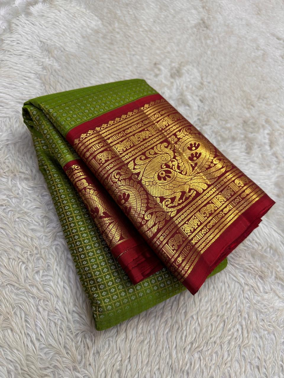 Authentic Kancheepuram Korvai silk saree with temple festival palette of olive green, red and antique gold