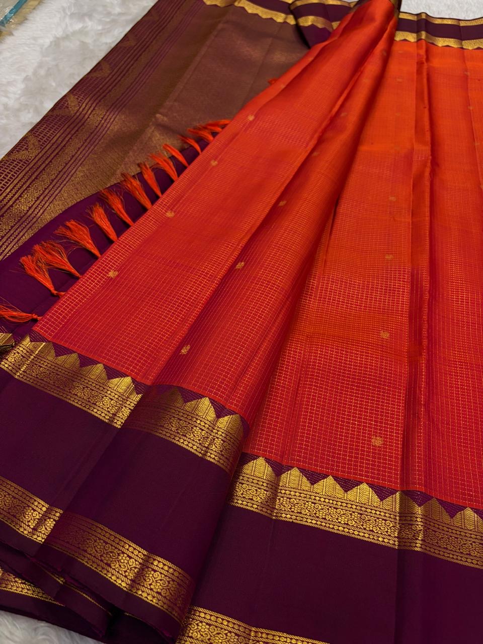 Orange and Purple Handwoven Pure Silk KanchiPattu Saree with Zari Kattam Body and Gold Rettapet Border