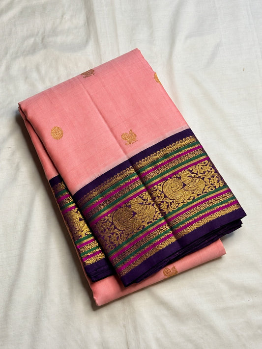 Kanakambaram peach and violet Varisaipet pure silk Kanjivaram saree – view 2