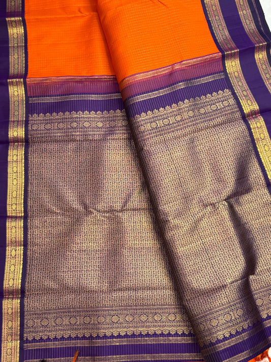 Orange Zari Kattam handwoven Kanjivaram pure silk body with fine gold checks
