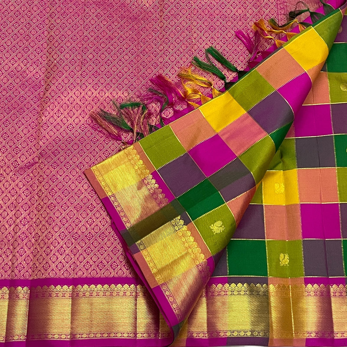 Multicolour Handwoven Pure Silk Kancheepuram Paalum Pazhamum Saree with Magenta Gold Zari Border