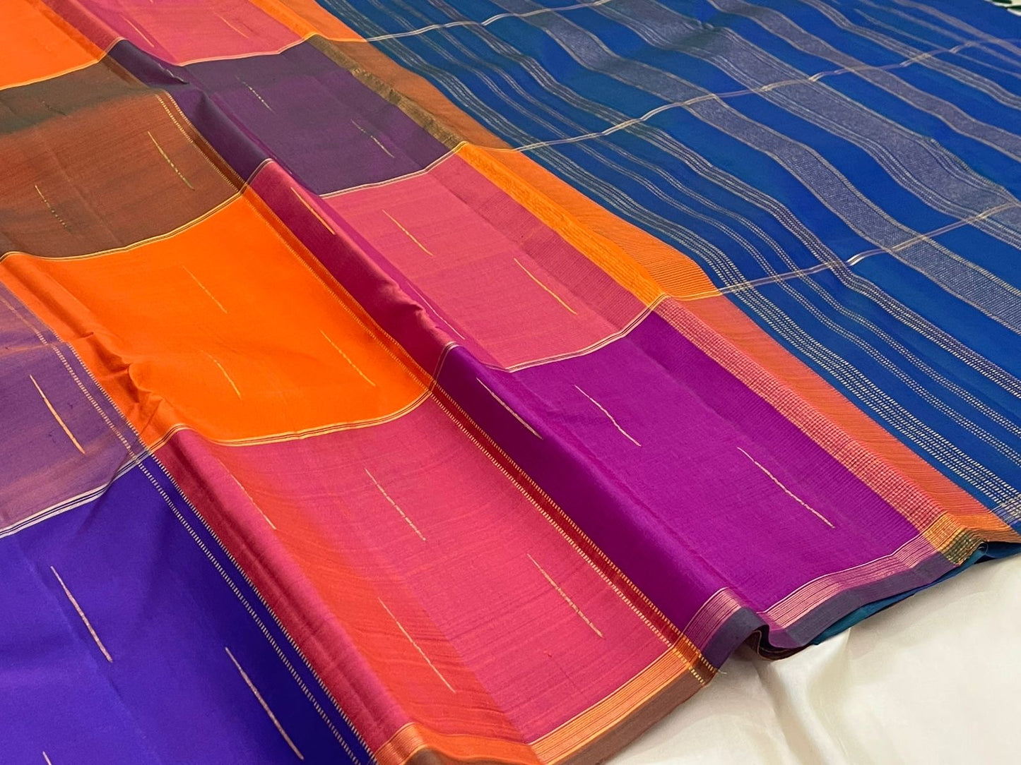 Full view of paalum pazhamum handwoven Kanchipuram pure silk saree with big checks and mullai moggu butta — Idam Living