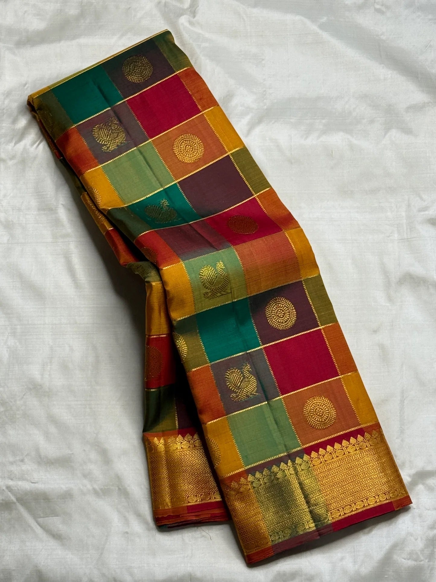 Multi-colour paalum pazhamum checks close-up on handwoven Kanchipuram pure silk saree — Idam Living