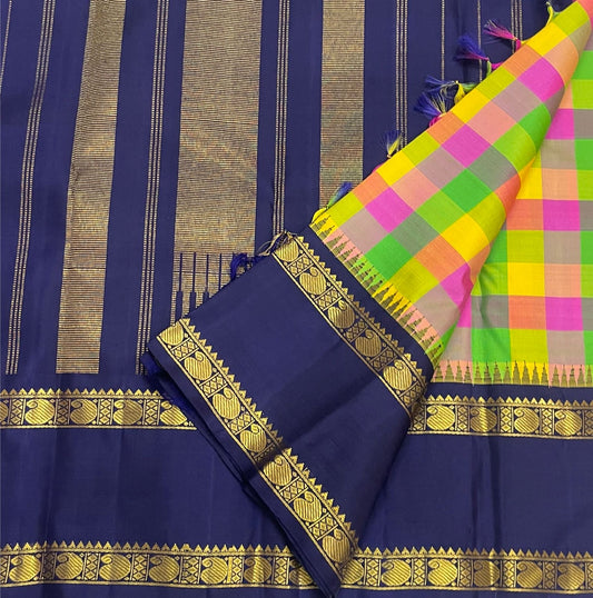 Deep navy blue rettapet border with dense gold zari motifs on paalum pazhamum Kanchipuram saree — Idam Living