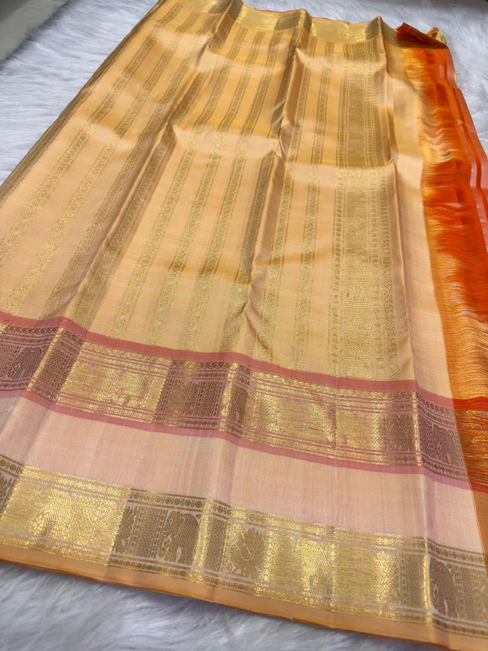 Pastel Peach Kanjeevaram silk saree draped, full length view — Idam Living