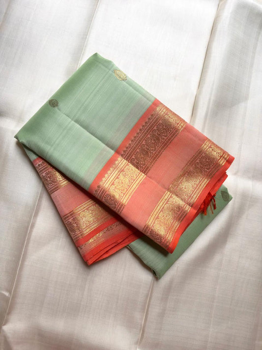 Pastel Pistachio Green Pure Silk Kancheepuram Rettapet Saree - antique gold zari mango buttas body detail