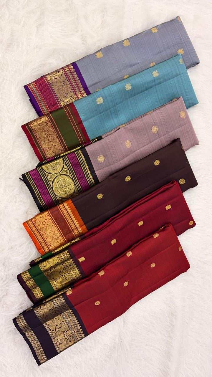 Dusty Mauve and Black Handwoven Pure Silk Kancheepuram Saree with Pavun Butta and Silk Thread Mayil Border