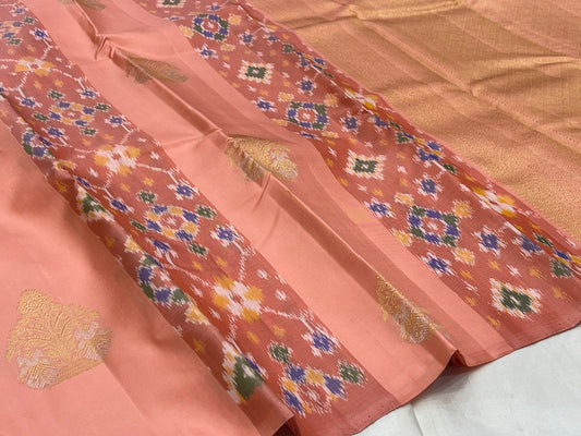 Peach pink pochampally ikat border on peach Kanjeevaram silk saree — Idam Living