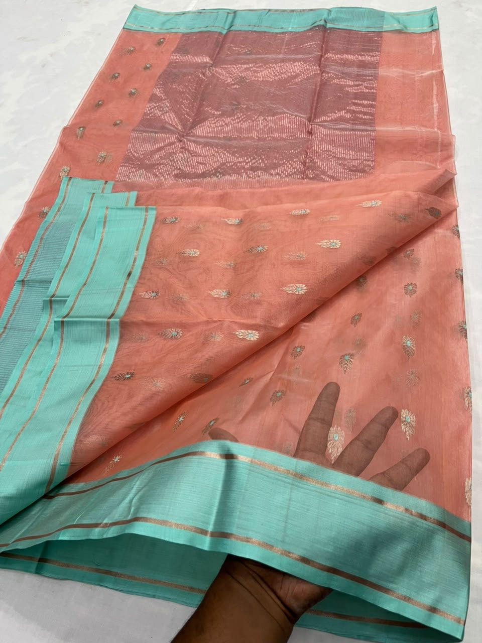 Metallic floral buttas on peach Chanderi