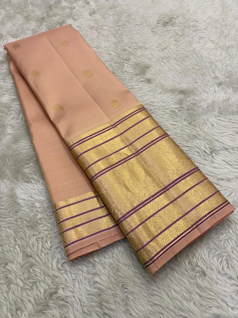 Varisaipet gold zari pallu on peach Kancheepuram pure silk saree — Idam Living