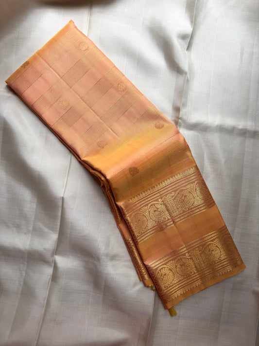 Peach Handwoven Pure Silk Kancheepuram Saree with Rettapet and Peacock Border