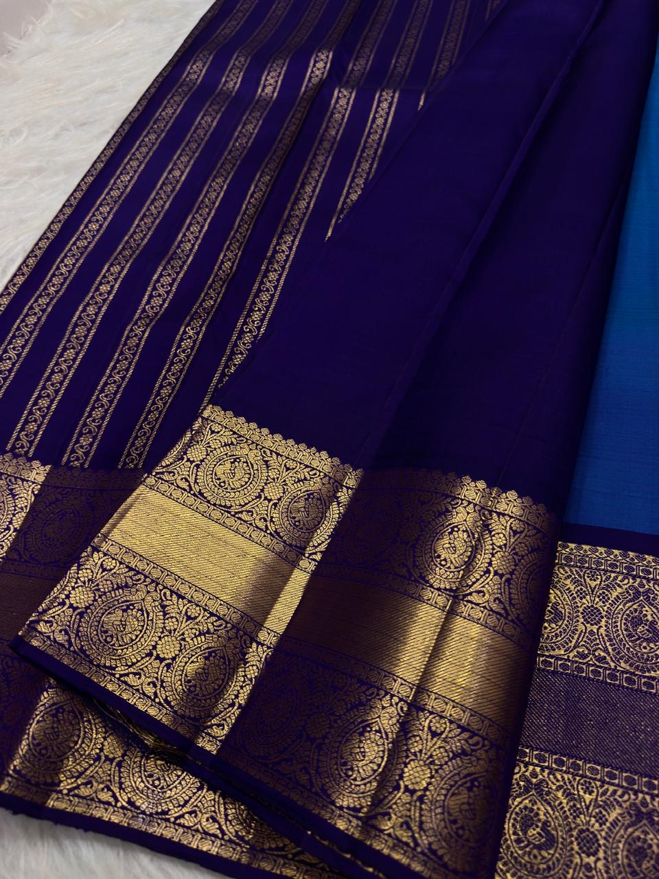 Peacock Blue Handwoven Pure Silk Kancheepuram Saree with Gold Buttas and Deep Violet Zari Border