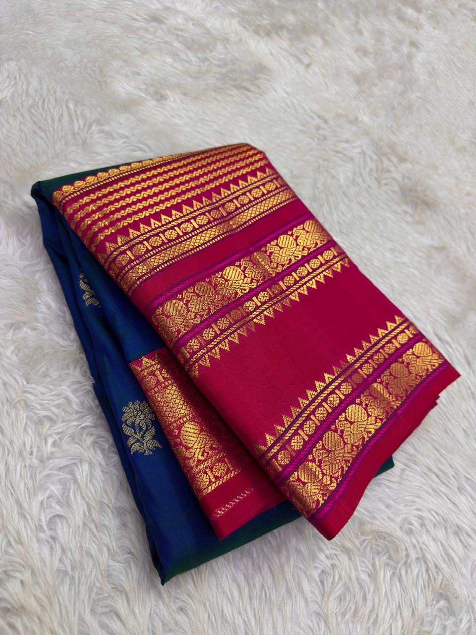 Peacock Blue Handwoven Pure Silk Kanjivaram Saree with Varisaipet Chedi Butta and Korvai Magenta Border