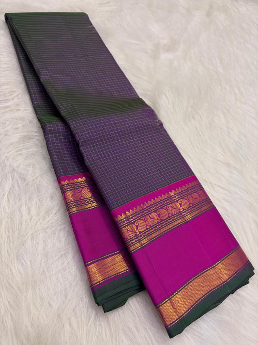 Peacock Green and Magenta Handwoven Pure Silk Kanjipuram Saree with Zari Kattam Rettapet Border