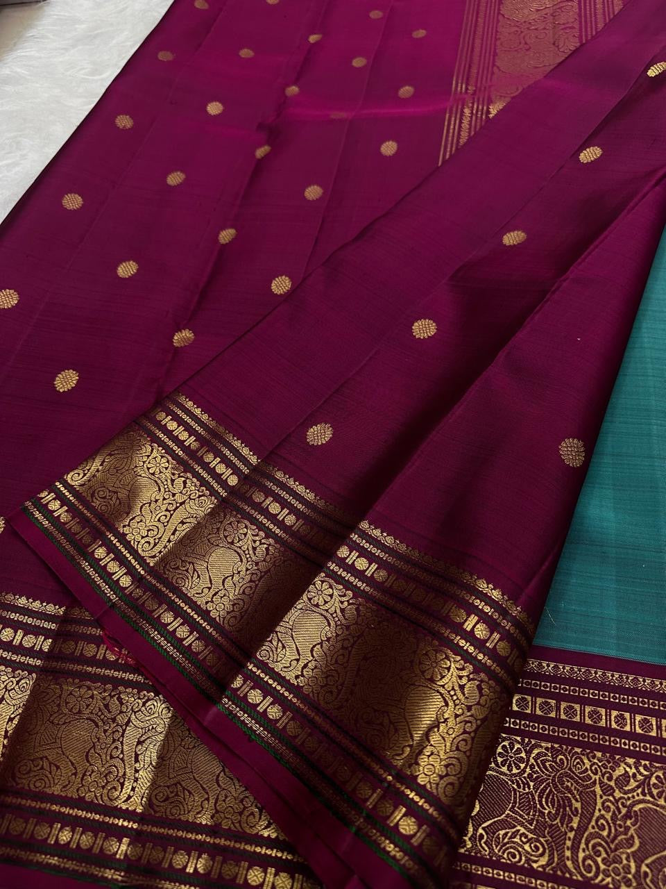 Peacock Teal pure KanchiPattu silk saree – elephant zari buttas, handwoven full view — Idam Living