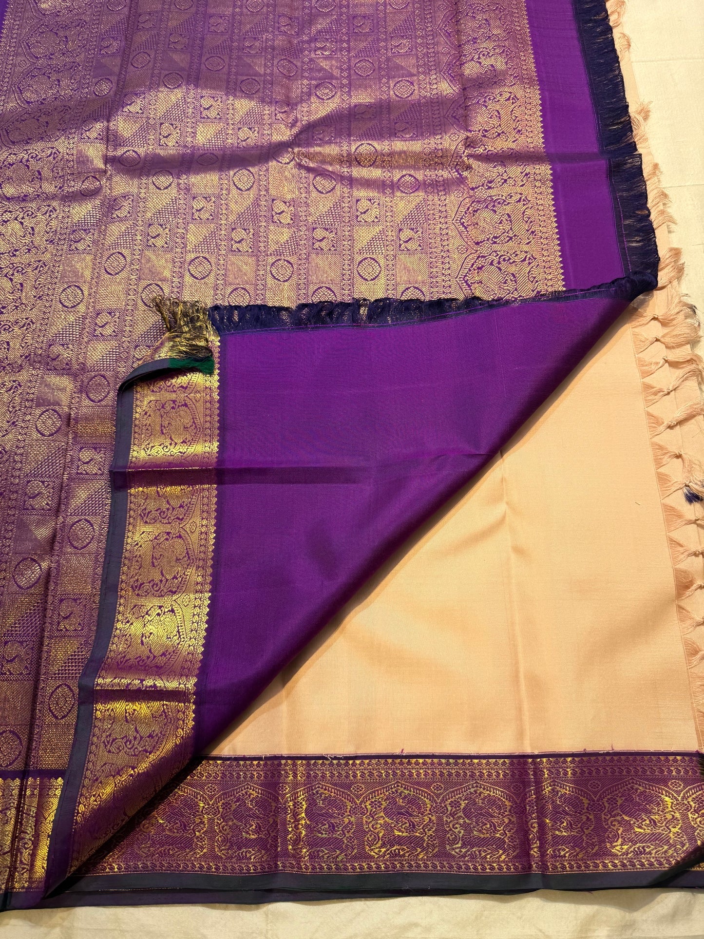 Pearl Beige and Deep Violet Handwoven Pure Silk KanchiPattu Saree with Mayil Chakram Butta and Korvai Border