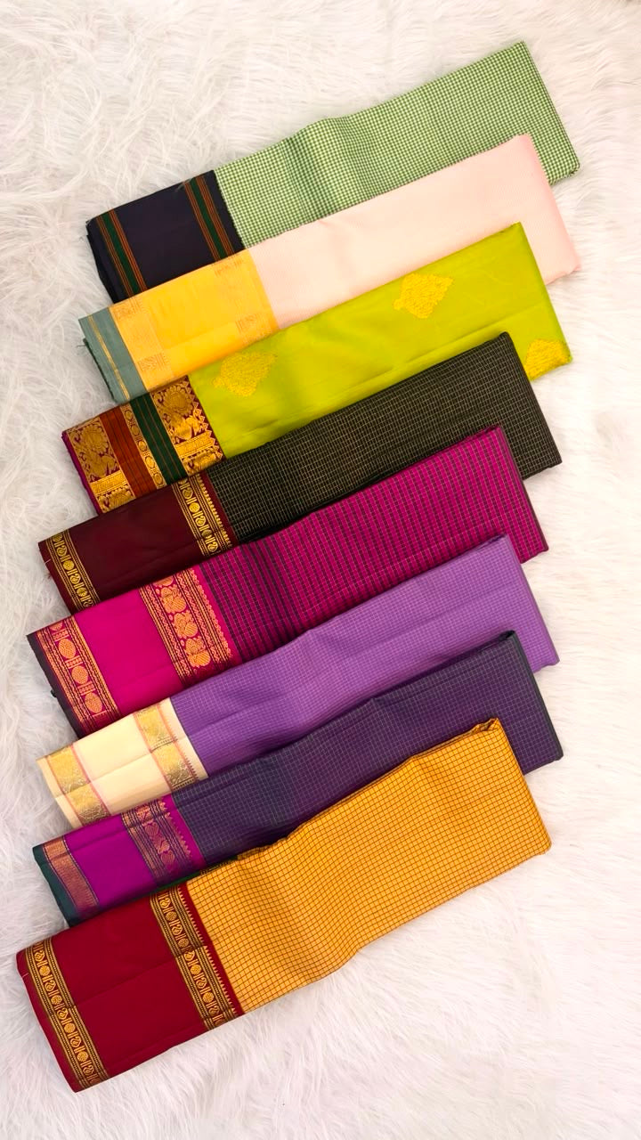 Petal Pink Handwoven Pure Silk Kanchi Pattu Saree with Marigold and Slate Ganga Jamuna Rettapet Border