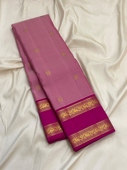 Petal Pink Pure Silk Kanchipuram Rettapet Saree with Rani Pink Mayil Border