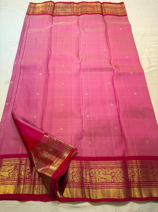 Pink and Red Handwoven Pure Silk Kanchipuram Saree with Gold Zari Korvai Border