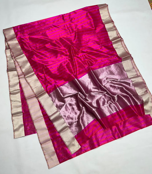 Fine coral-red stripes woven across pink silk