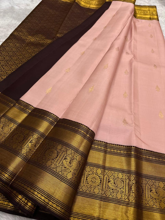 Powder pink Kancheepuram silk saree with Korvai dark brown gold zari border — Idam Living