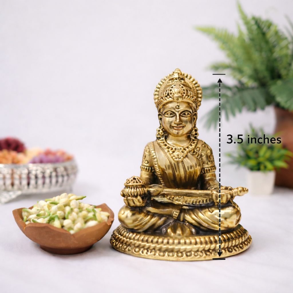 Pure brass Annapoorani Devi statue 3.5 inches tall in antique gold finish, seated with traditional detailing, ideal for home temple decor.