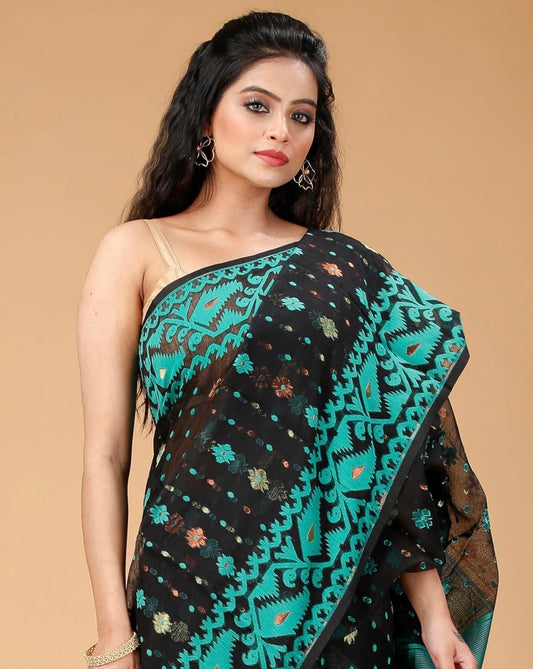 Black Jamdani Cotton Silk Saree With Teal Border And Multicolour Buttas