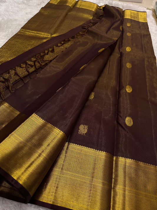 Deep Mahogany Brown and Antique Gold Handwoven Pure Silk Kanchipuram Saree with Vairaoosi and Mayil Chakram Butta