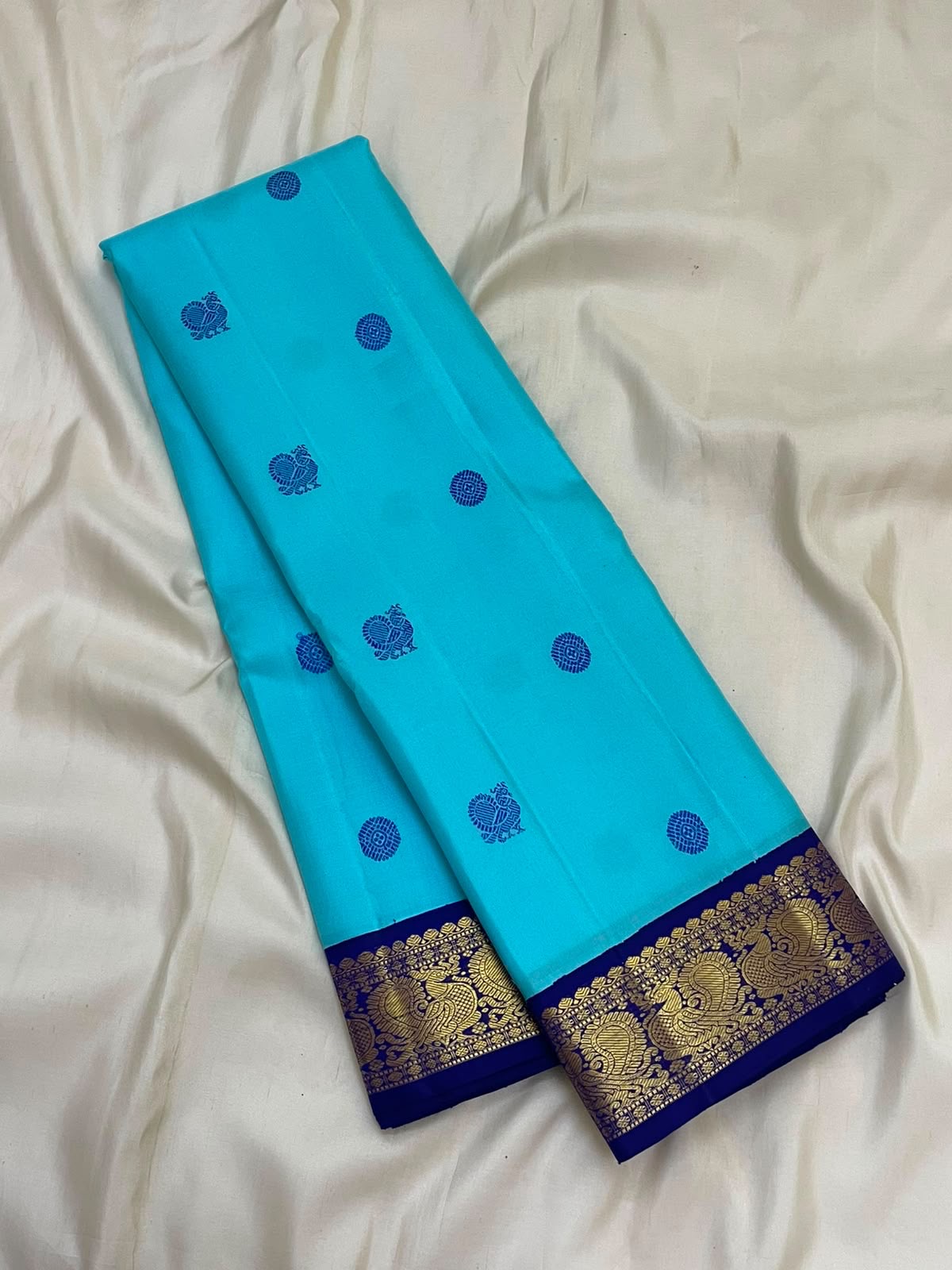 Aqua Blue Handwoven Pure Silk Kanjivaram Saree with Korvai Peacock Border