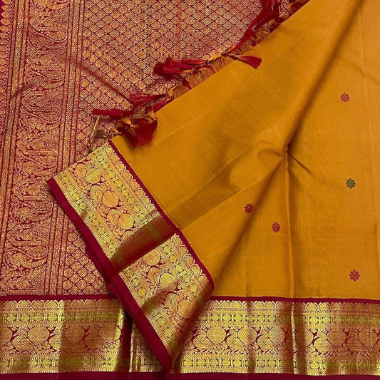 Golden ochre body weave with scattered silk thread buttas, KanchiPattu silk