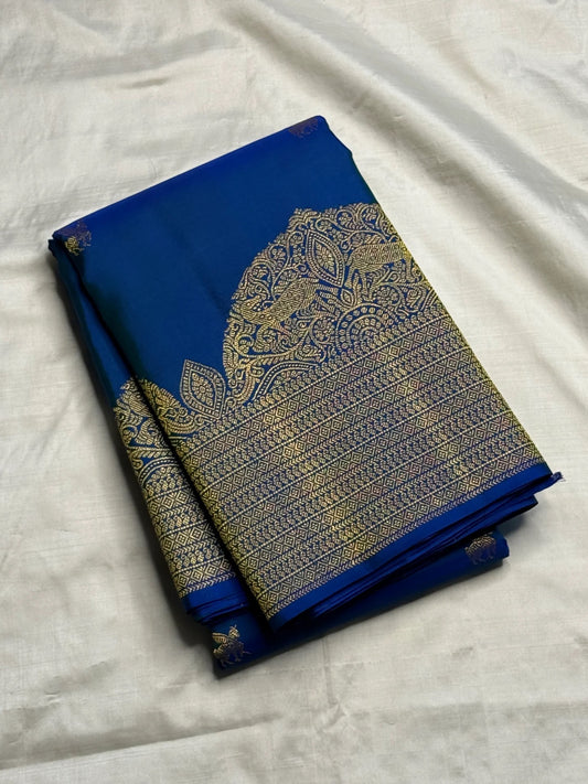 Body close-up of royal blue KanchiPattu saree showing the winged flying horse zari butta