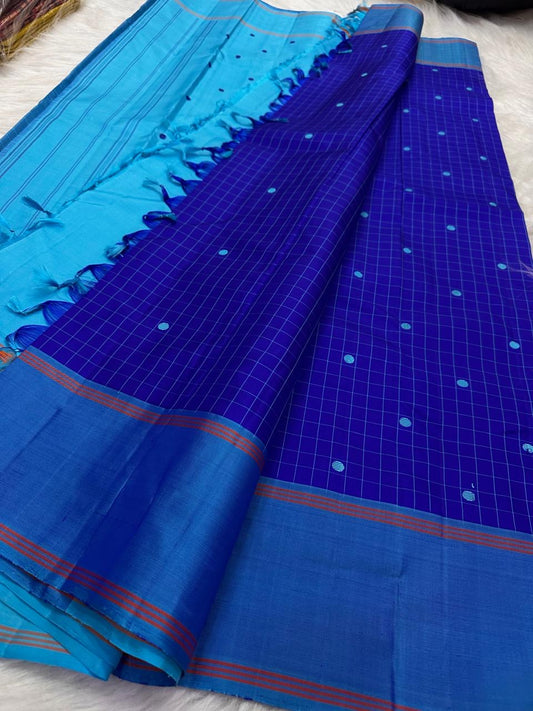 Royal blue Kanchi Kattam pure silk Kanchi Pattu saree draped, full length