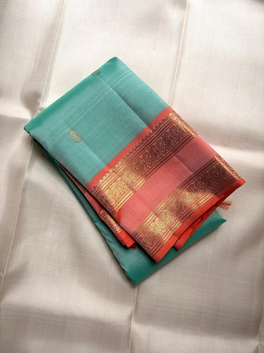 Aqua Mist Handwoven Pure Silk Kanjeevaram Saree with Rettapet Twin Border Weave
