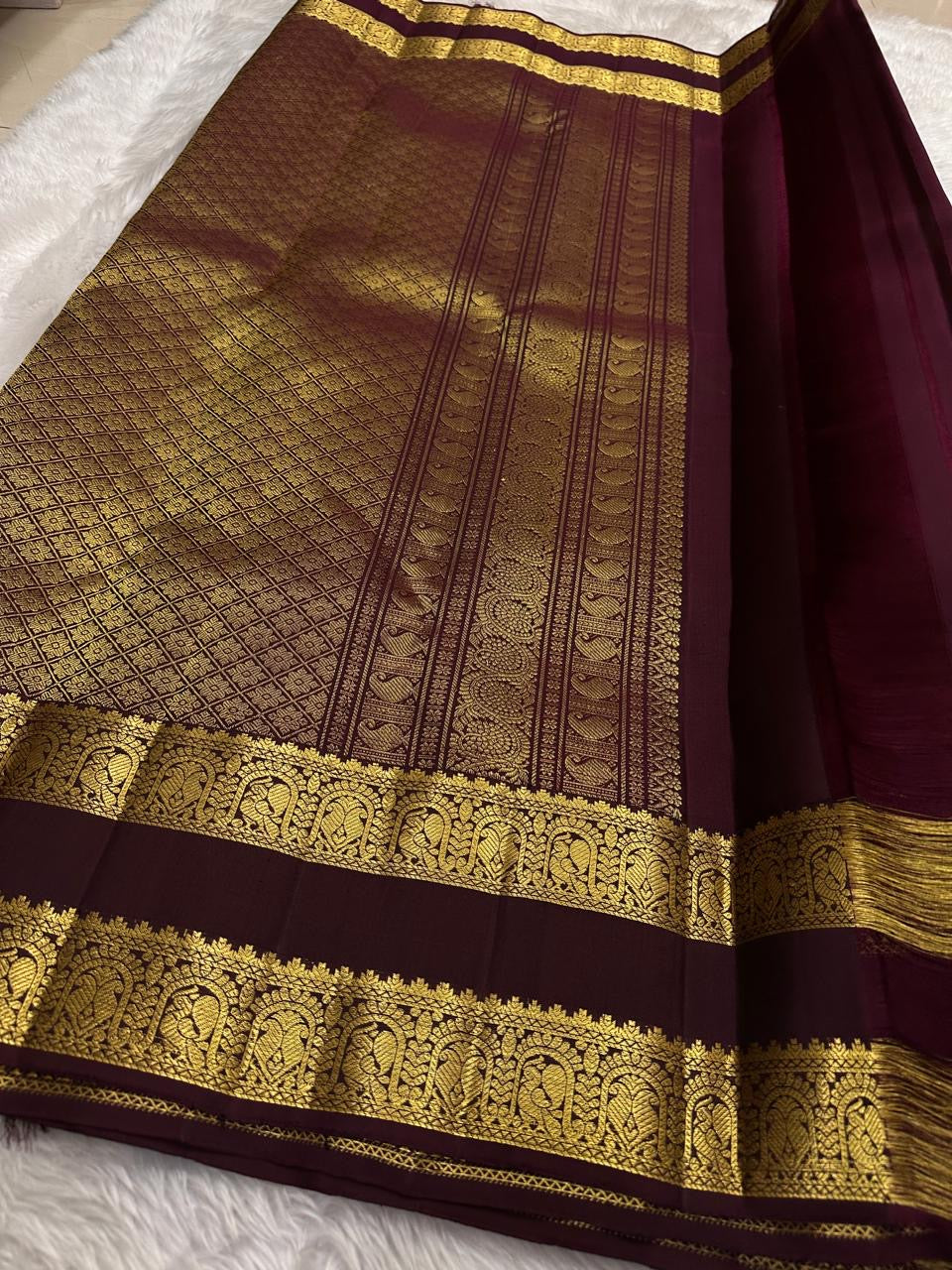 Kanchipuram Silk Saree • Classic Border Weave • Vibrant Parrot Green with Deep Coffee Brown Border