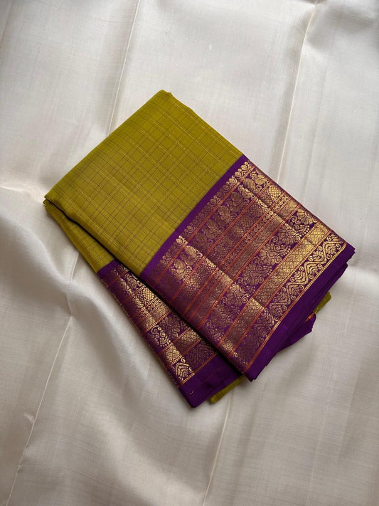 Pure mulberry silk Kanchipuram Varisaipet saree in olive gold — Idam Living