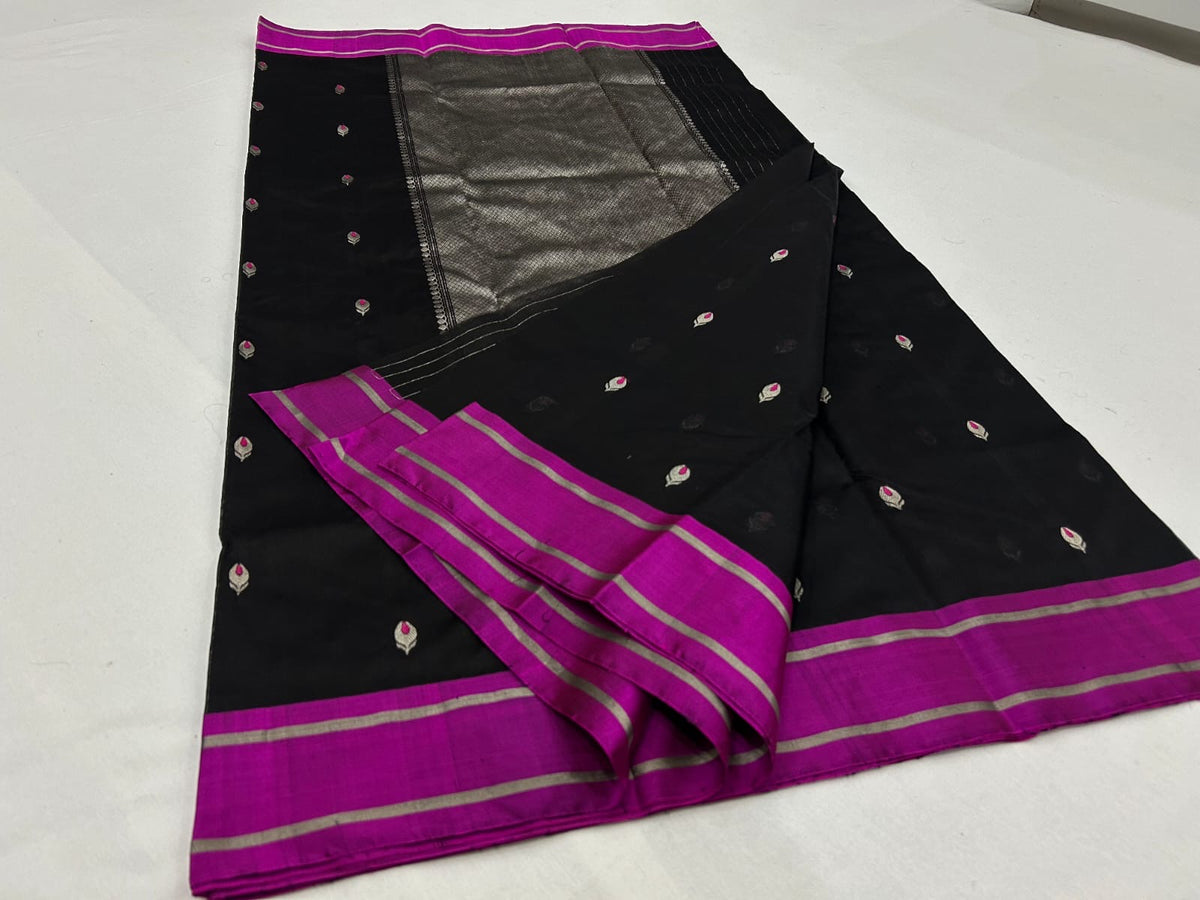 Pure Silk Chanderi black saree with magenta pink border