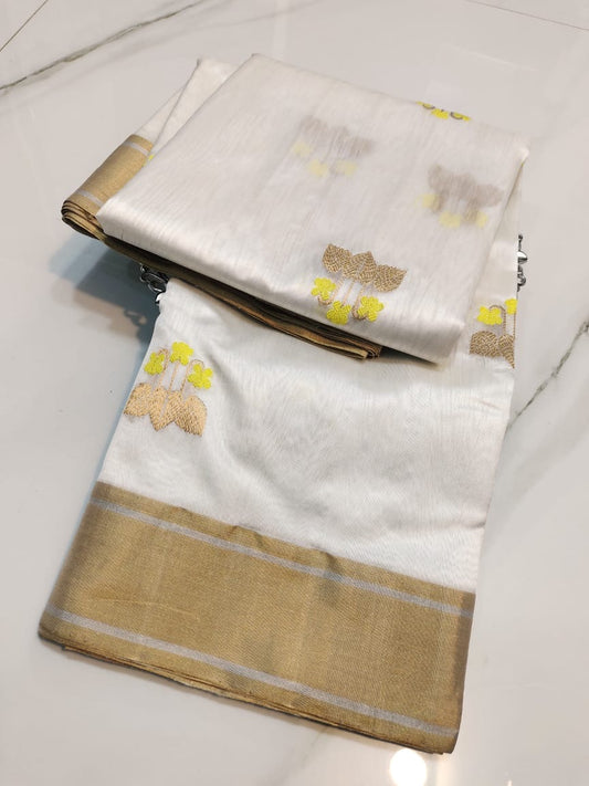 Ivory Cloud Finish Pure Silk Chanderi Saree drape showcasing Antique Gold Border Border