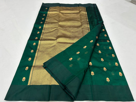 Midnight Pine Luster Pure Silk Chanderi Saree drape showcasing Antique Gold Butta Border