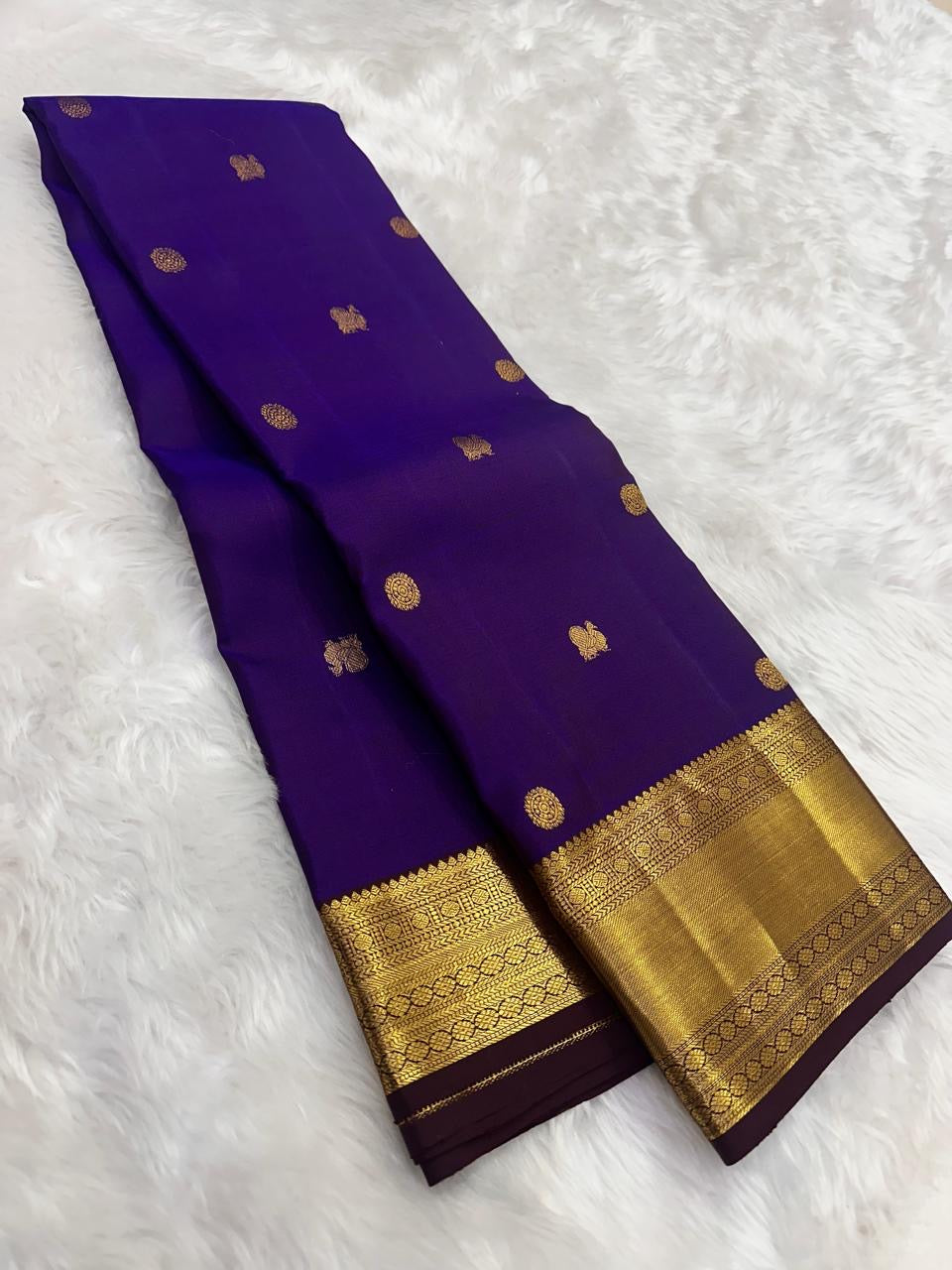 Purple Handwoven Pure Silk Kanchipuram Saree with Mayil Chakram Butta