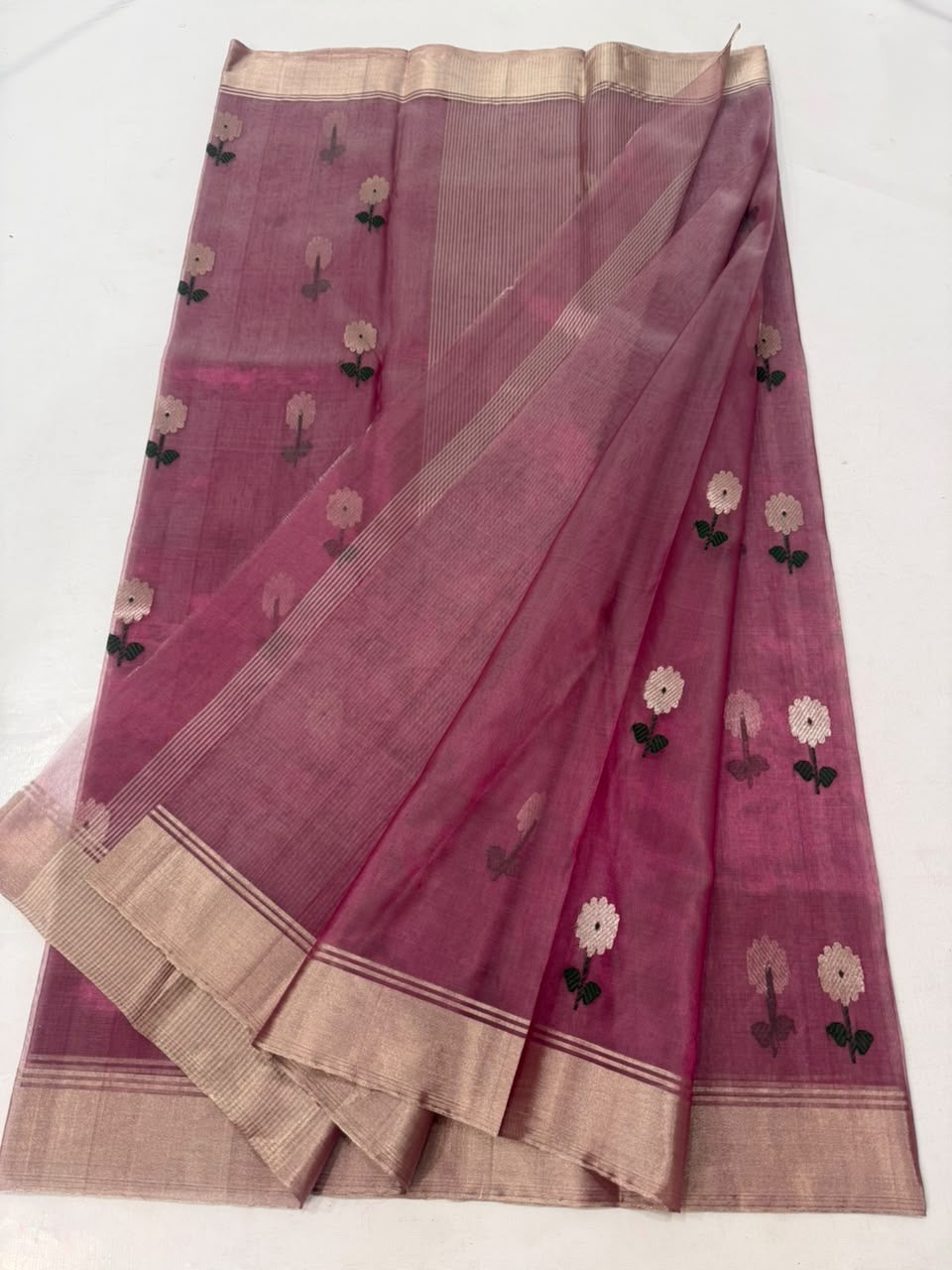 Lavender purple handloom Chanderi saree with metallic border