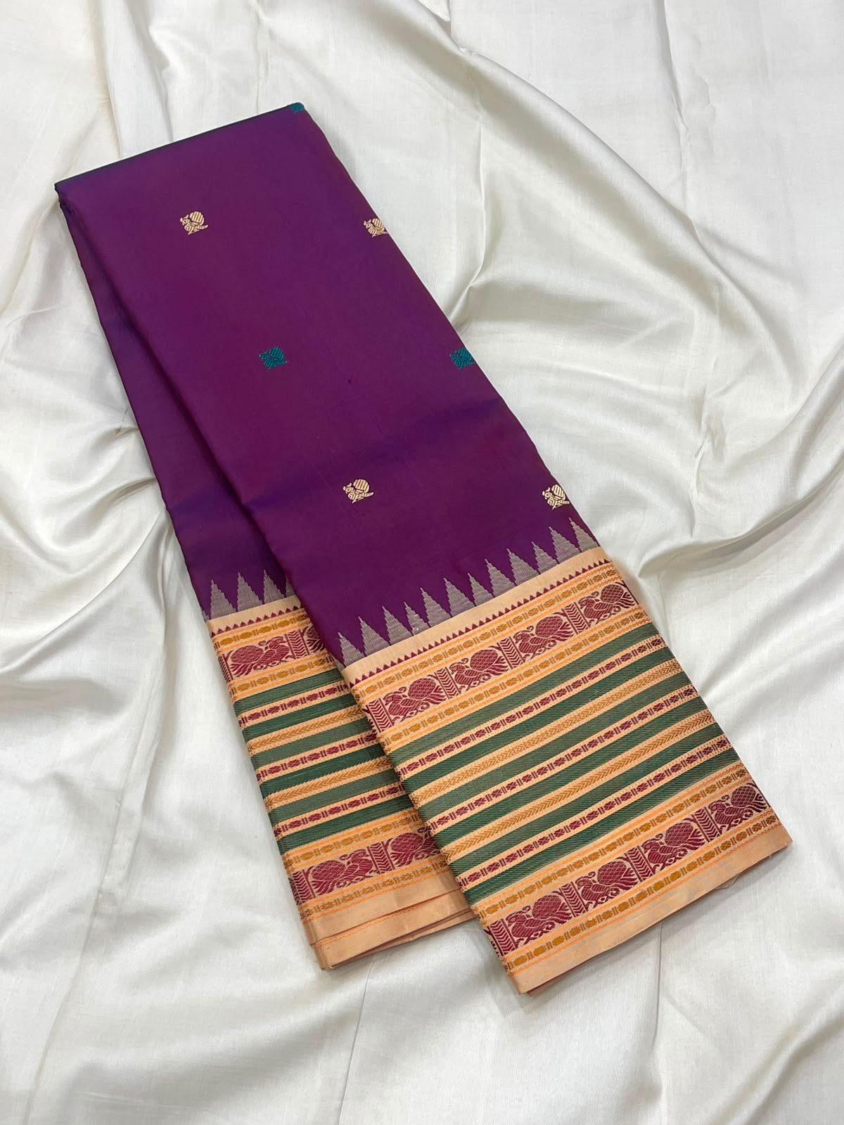 Royal Purple pure silk Kanchipuram saree — pattupet weave close-up