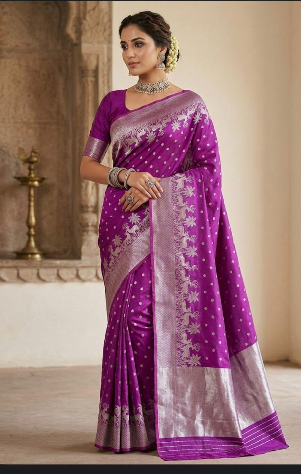 Royal Purple handloom Chanderi saree draped, showing the broad silver woven pallu