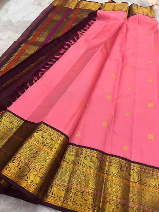 Radiant pink handwoven pure silk Kanjeevaram saree with Varisaipet Butta and Yazhi border — Idam Living