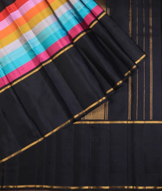 Multicolour Rainbow Handwoven Pure Silk Kanchipuram Saree with Black Zari Border